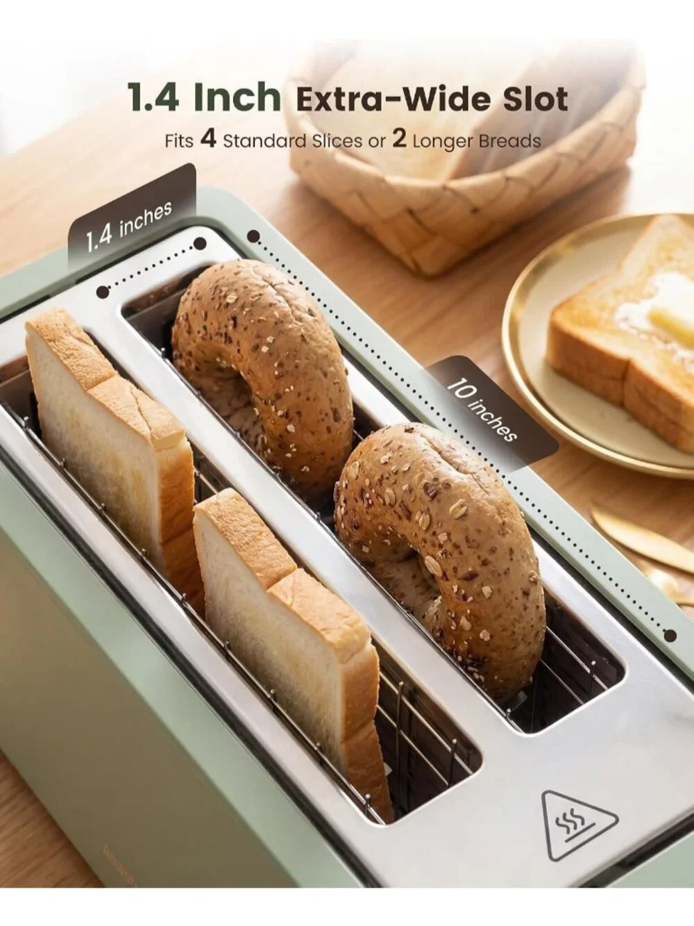 4 Slice Green Stainless Steel Long Slot Touch Screen Retro with Digital Toaster
